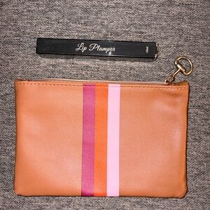 Tan Cosmetic Bag with Pink and Orange Stripes with lip plumper